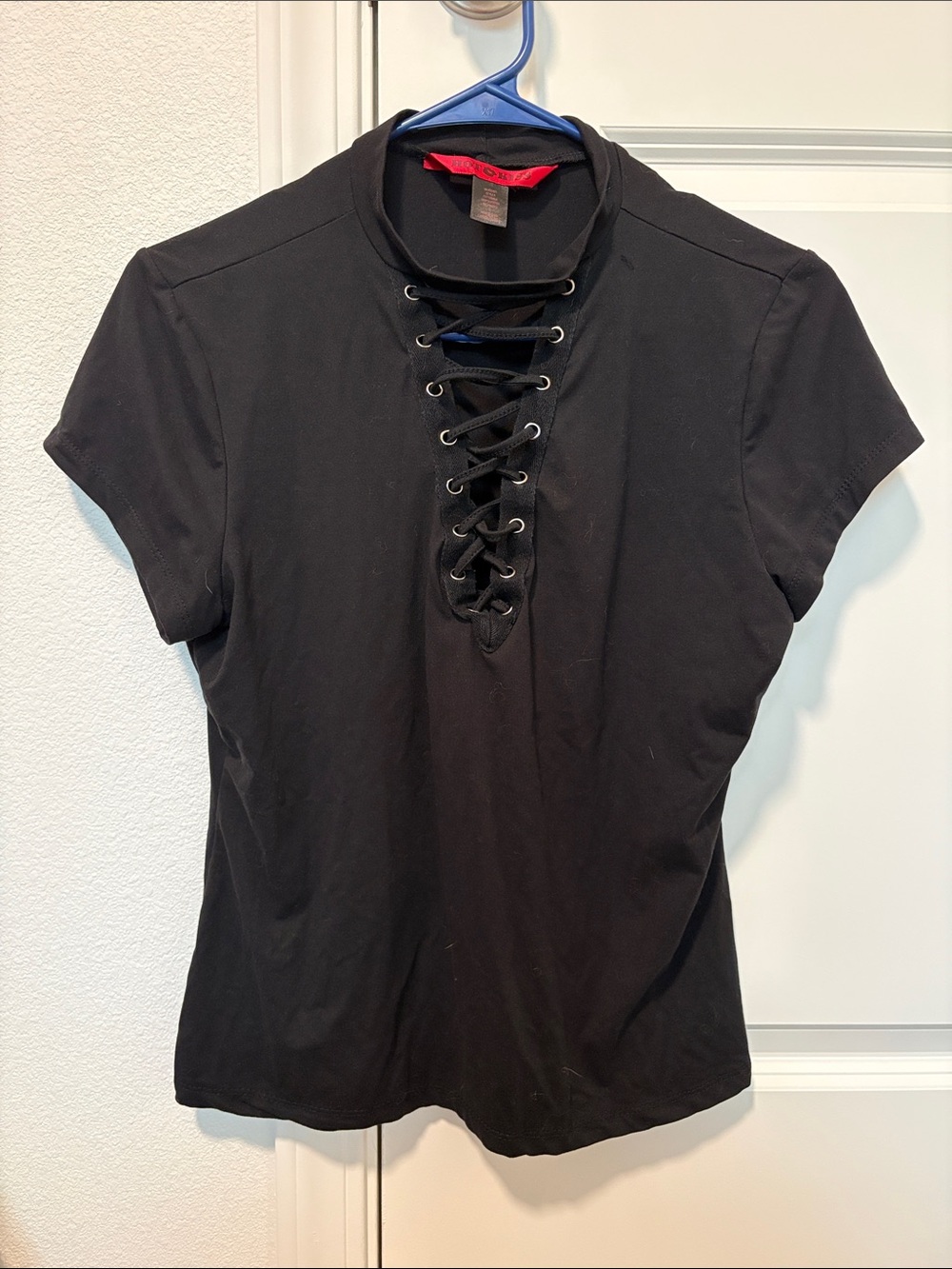 Black Lace-Up Short Sleeve Women's Top